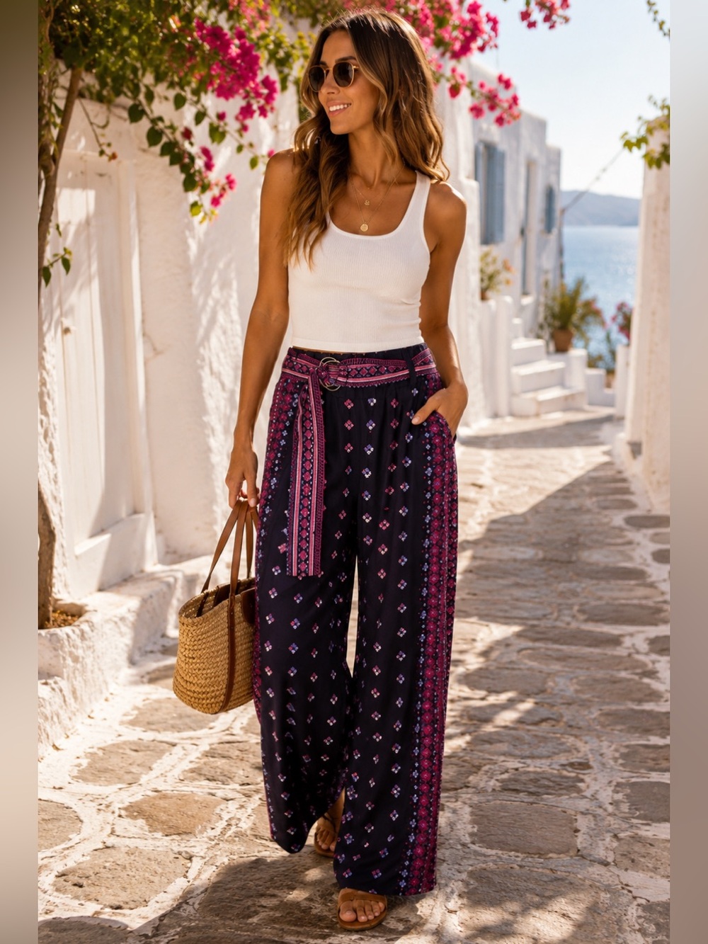Jessica Simpson Keagan Wide Leg Boho Pants | Navy Pink Print | XS